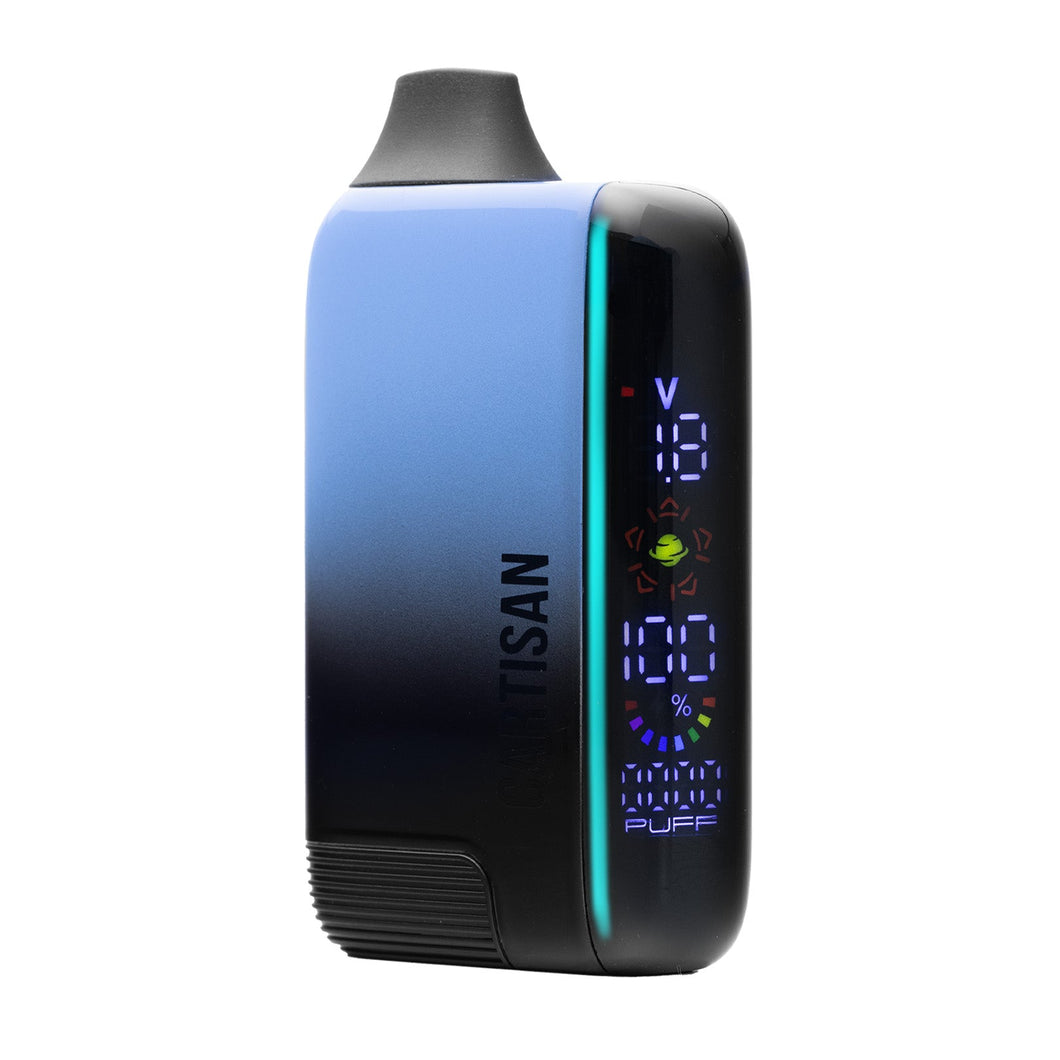The Cartisan Veil Bar Pro EVO 510 Thread Battery Vape is a blue and black handheld device with a digital display showing voltage, battery level, puff count, and settings—offering variable voltage battery performance in a sleek design.
