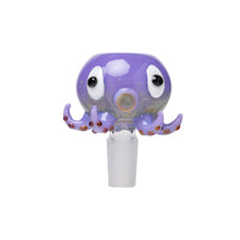 The Human Grade Animal Glass Bowl Slide is a purple octopus-shaped glass bong bowl with big white and black eyes, short tentacles with brown spots for character, and a frosted 14mm water pipe connector.