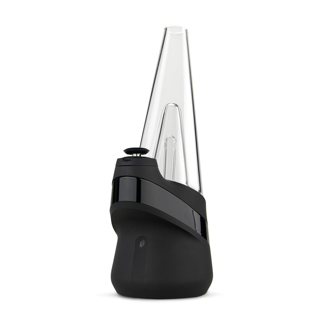 The New Peak Vaporizer is a modern, intelligent device with a black silicone base, clear glass top, and button with upper band—designed for compatibility with 3D Chamber technology for an enhanced vaporizing experience.