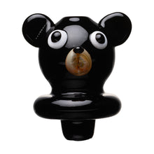 The Human Grade Bear Carb Cap is a glossy black glass cap shaped like a bear's head, with round ears, expressive eyes, and a brownish snout. It features discreet variable voltage control and is shown against a white background.
