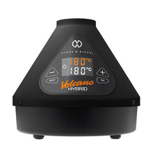 The Storz & Bickel Volcano Hybrid, a black cone-shaped vaporizer, features a digital display at 180°C, heat and air buttons, and is compatible with the Easy Valve Balloon for effortless vapor use.