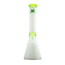 The MAV 13.5" Mini Zebra Beaker Water Pipe is made of borosilicate glass with a clear base, white neck, and green accents on the mouthpiece and rim. It features an ice pincher, a green design near the top, and fits 14mm bong accessories.