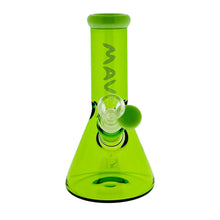 The MAV 7" Two-Tone Mini Beaker is a bright green borosilicate glass water pipe shaped like a beaker, featuring an ice pincher, a clear 14mm male glass bowl, and "MAV" printed vertically on the neck.