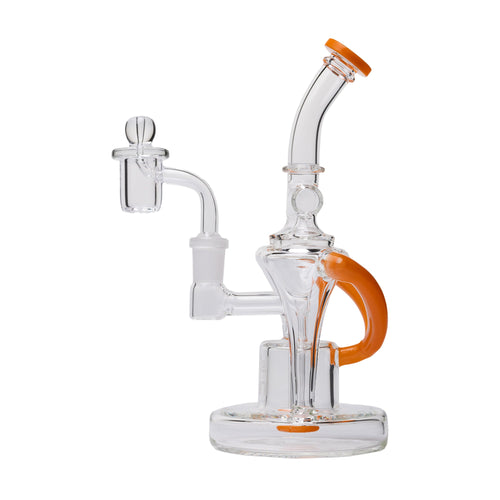 The Dualing Recycler Glass Dab Rig is a clear borosilicate glass rig with orange accents, featuring a curved neck, round base, side handle, percolator chamber, and glass bowl attachment for smoking or vaporizing.