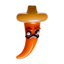 The Human Grade Chili Pepper Glass Carb Cap features borosilicate glass shaped like an orange chili pepper with a cartoon face, large eyes, arched eyebrows, mustache, and wide rim hat—ideal for your dab rig. Shown on a white background.