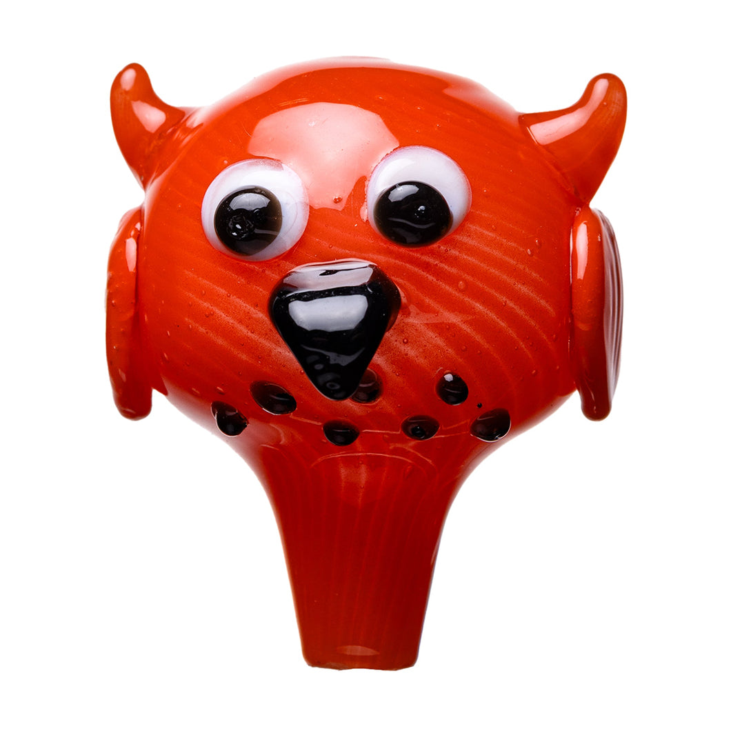 The Human Grade Owl Carb Cap is a shiny orange borosilicate glass piece shaped like an owl’s head, with large googly eyes, pointed ears, black spots, and a wide black nose—perfect for adding whimsy to your setup.