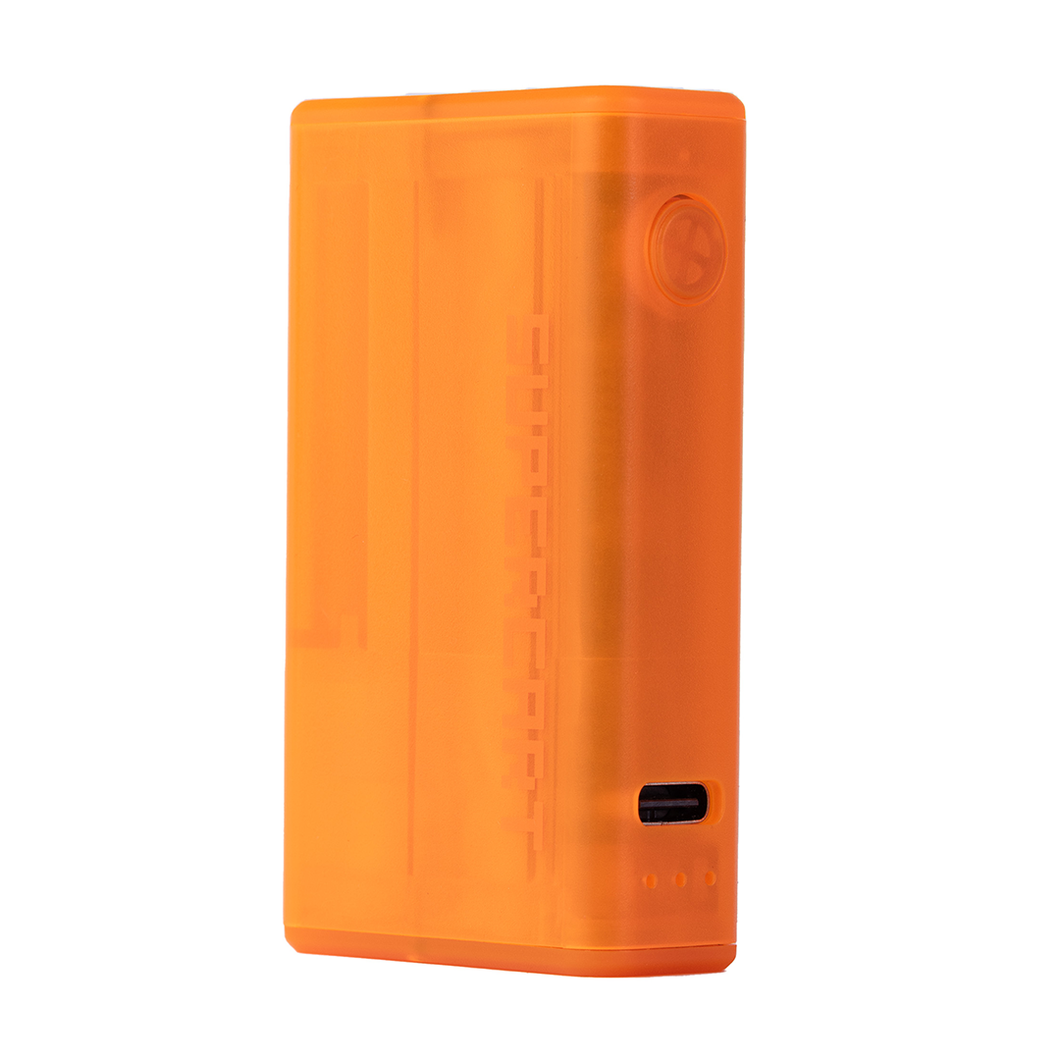 The Superbox is an orange, translucent rectangular electronic device featuring a round button on the upper right side and a USB-C port near the bottom.