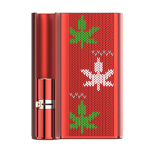 A shiny red CCELL Palm Pro 510 Thread Battery Vape featuring a knit-pattern design with green and white cannabis leaves on the front, offering variable voltage vaping.