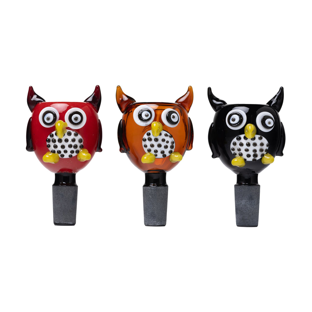 Add charm to your 14mm water pipe with the Human Grade Animal Glass Bowl Slide, featuring three owl-shaped bowls in red, orange, and black, each with large eyes, a round body, and a gray stopper at the bottom.