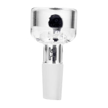 The Human Grade Horn Glass Bowl Slide 10mm/14mm is a clear borosilicate glass bowl slide with a wide, rounded top and frosted joint base for water pipes. A small dark spot is visible inside the bowl.