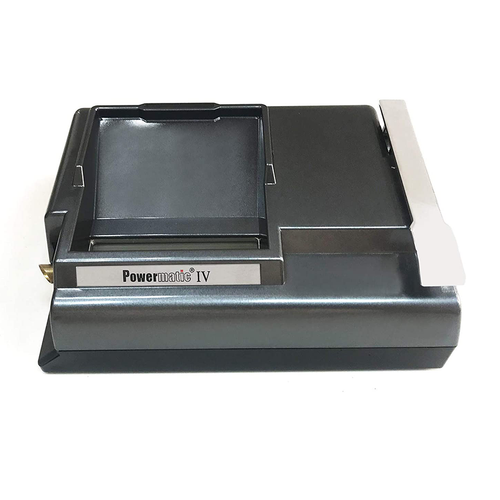 A Raw Powermatic IV Plus (Electric) cigarette rolling machine in black and silver with a tray and metallic lever, viewed from above on a white background.
