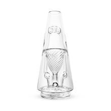 The Puffco Peak Pro Ryan Fitt Recycler is a clear, conical glass attachment with intricate internal spiral patterns and connected tubes, inspired by Ryan Fitt’s signature recycler designs.
