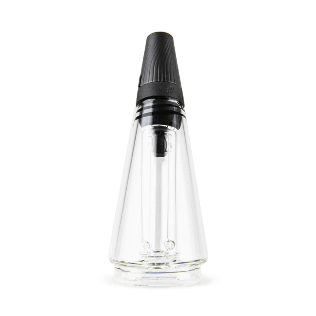 The Puffco Peak Travel Glass is a clear, conical bottle with a black ribbed screw-on cap and applicator wand, shown upright on a white background—ideal for use with your Puffco Peak Pro.