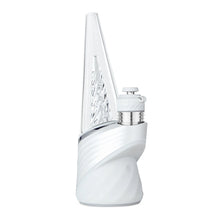 The Puffco New Peak Pro with 3D XL Chamber is a modern white electronic vaporizer featuring a clear cone mouthpiece, metallic accents, and a sculpted base—offering advanced hash technology for a seamless experience.