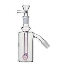 The 14mm DK Barrel Ash Catcher (45° or 90°) features a clear cylindrical chamber, angled joint, and round percolator with a subtle pink tint on the downstem and percolator, designed to fit 14mm water pipes.
