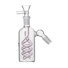 The 14mm The Spiral Perc Ash Catcher (45° or 90°) features a clear, durable glass body with a coiled helix spiral perc and ash catcher, top bowl, straight neck, and angled side joint for simple water pipe attachment.