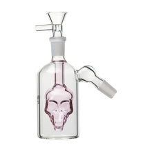 The 14mm Skull Ash Catcher (45° or 90°) features clear glass with a pink-tinted skull perc, a vertical mouthpiece, and an angled joint—perfect for your 14mm water pipe.