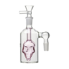 The 14mm Skull Ash Catcher (45° or 90°) features clear glass, a pink skull perc for stylish filtration, a side joint, and a funnel-shaped flower bowl—perfect as an eye-catching ash catcher for your water pipe.