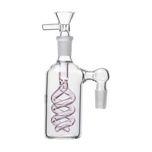 The 14mm The Spiral Perc Ash Catcher 45° or 90° features durable clear glass, a light purple spiral perc, and three joints: a top 14mm water pipe joint, a side joint, and an angled joint on the right.