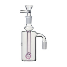The 14mm DK Barrel Ash Catcher (45° or 90°) has a clear chamber, built-in percolator, pink accents, and DK barrel-inspired design—ideal for any 14mm water pipe.