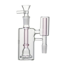 The Human Grade The Inverter Ash Catcher is a clear glass 14mm water pipe accessory featuring multiple chambers, precision joints, and cylindrical design for superior filtration in smoking devices.