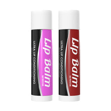 Two Penjamin Lip Balm Vaporizer 510 Battery devices stand upright, one with a pink label and one with a red label. Both read “Lip Balm, Ultra Lip Conditioning, Max Protection.” They resemble classic lip balm pen carts, with white caps and bases.