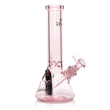 The Gear Premium 12" Sidekick (Beaker) Water Pipe is a pink borosilicate glass piece with a removable bowl and downstem, a lighter holder on the side, and the GEAR Premium logo printed on the neck.