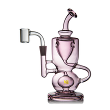 The MJ Arsenal Titan Mini Dab Rig features translucent purple borosilicate glass, a unique curved design, an upright round base, and a clear bowl attachment on the left side.