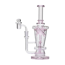 The 10.25" Straight Recycler Glass Water Pipe is made from clear and light pink borosilicate glass, featuring a cylindrical base, tall neck, angled joint, attached side chamber, and recycler dab rig functionality.