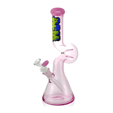 The AFM Glass 12" Beaker Wave Full Color Glass Water Pipe is a translucent pink borosilicate glass bong with a beaker base, curved neck, 14mm downstem, “WEED” label on the tube, and pink accents on the mouthpiece and base.