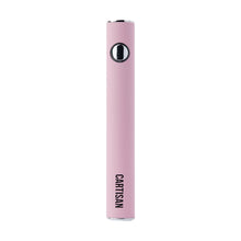 The Cartisan Button VV 900 Dual Charge (USB-C) 2G is a pink cylindrical 510-threaded variable voltage vaporizer battery with a front button and vertical CARTISAN branding, shown against a white background.