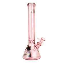 The Gear Premium 15" Sidekick (Beaker) Water Pipe is a transparent pink borosilicate glass piece with a beaker base, straight neck, side-attached lighter, and gold GEAR logo accents on the neck and base.