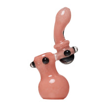 The Human Grade Sherlock Bubbler is a pink borosilicate glass water pipe with a curvy, abstract design and black and clear glass accents on its body and mouthpiece.