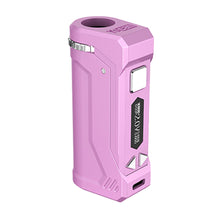 The Yocan UNI Pro is a pink, rectangular box mod with a silver button, small screen, arrow-shaped variable voltage buttons, and angular edges. It has a circular tank opening on top and features a sleek, modern design.