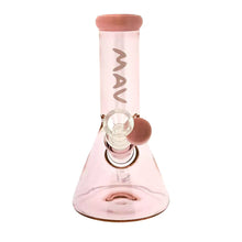 The MAV 7" Two-Tone Mini Beaker is a transparent pink borosilicate glass bong with vertical MAV logo, round base, ice pincher, pink-accented mouthpiece and side, and comes with a 14mm male glass bowl.