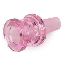 The Gear Premium 14mm XL Sugar Barrel Glass Bowl is a translucent pink borosilicate glass bowl with a tapered end and rounded top, designed to fit 14mm water pipes or serve as a unique bottle stopper.