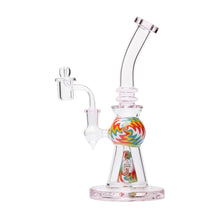 The Human Grade 10" Mini Gumball Rig Glass Water Pipe features clear borosilicate glass, a colorful swirled central sphere, a tilted mouthpiece, and an attached bowl, all displayed against a white background.