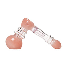 The Frit Hammer Bubbler is a pink and clear glass pipe with a round base, curved neck, and straight mouthpiece. It features smooth, glossy surfaces and rounded edges for an elegant look.
