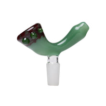 The Human Grade Novelty Bowl features a glass design with a green body, maroon rim accents, and three raised maroon dots, attached to a frosted 14mm joint. Available individually or in a pack of 3, shown here isolated on a white background.