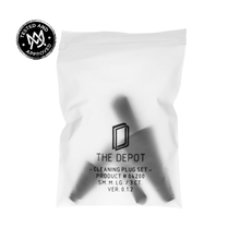 A white, sealed bag labeled The Depot Cleaning Plugs Set with a black logo and "Tested and Approved" badge contains 3 cleaning plugs (SM, M, LG) for effective glass cleaning. Product #06200, Version 0.12.