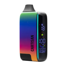 The Cartisan Veil Bar Pro EVO 510 Thread Battery Vape features a colorful gradient design, digital display with numbers and icons, “CARTISAN” branding, variable voltage support, and a sleek mouthpiece with rounded edges—perfect for 510 tanks.