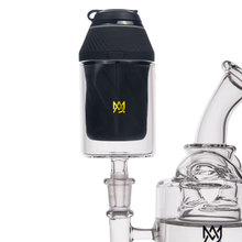 The MJ Arsenal Proxy Attachment is a borosilicate glass rig with a clear and black Proxy attachment, yellow logo, curved mouthpiece, and intricate inner glasswork.