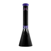 The MAV 13.5" Mini Zebra Beaker Water Pipe is a black borosilicate glass bong with purple accents, a decorative design near the top, an ice pincher for cooler hits, and a clear 14mm bowl on the front.