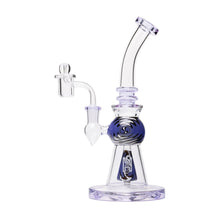 The Human Grade 10" Mini Gumball Rig Glass Water Pipe is made of clear borosilicate glass with a purple accent, featuring a curved neck, a round spiral-designed chamber, and a side percolator attachment.