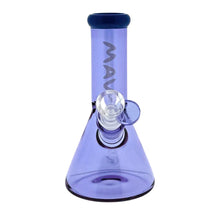The MAV 7" Two-Tone Mini Beaker is a translucent purple borosilicate glass bong with a wide base, angled mouthpiece, 14mm male glass bowl on the front, and "MAV" printed vertically on the neck.