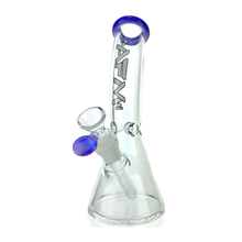 The AFM Glass 8.5" Bent Beaker Water Pipe features clear borosilicate glass, a beaker base, 14mm downstem, blue accents on the mouthpiece and bowl, and bold black "AFM" lettering on the neck.