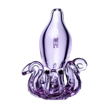 The Octopus Carb Cap is a purple borosilicate glass sculpture featuring large eyes, curled tentacles, and a smooth, elongated body—ideal as a unique dab accessory or octopus-themed carb cap.
