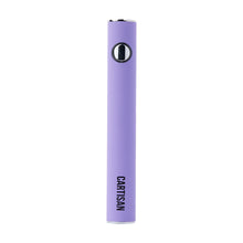 The Cartisan Button VV 900 Dual Charge (USB-C) 2G is a slim, cylindrical lavender vape pen with a central black button, USB-C charging, and "CARTISAN" printed vertically near the bottom.