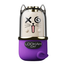 The Lookah Cat Vaporizer 510 Thread Battery is a small, capsule-shaped device with a cat face, X and swirl eyes, smiling mouth, clear top with cat ears, purple base labeled LOOKAH CAT with tail design, and an 800mAh variable power battery.