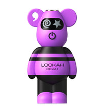 The Lookah Bear 510 Thread Battery is a purple and black bear-shaped, cartoon-style device with a power symbol on the chest, spiral and star eyes, "LOOKAH BEAR" on the stomach, a built-in 500mAh battery, and works with 510 tanks.
